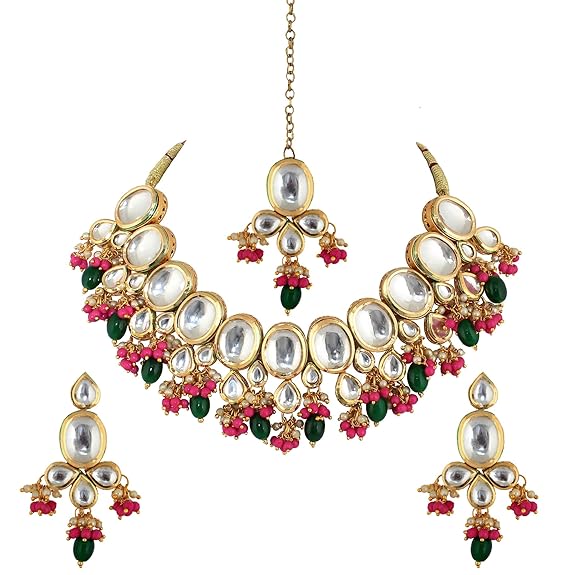 Tehzeeb Creations Back Meenakari Gold-Polished Multi Color Tika Earring Combo Uncut Big Faux Kundan Choker Necklace set