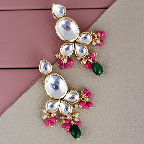 Tehzeeb Creations Back Meenakari Gold-Polished Multi Color Tika Earring Combo Uncut Big Faux Kundan Choker Necklace set