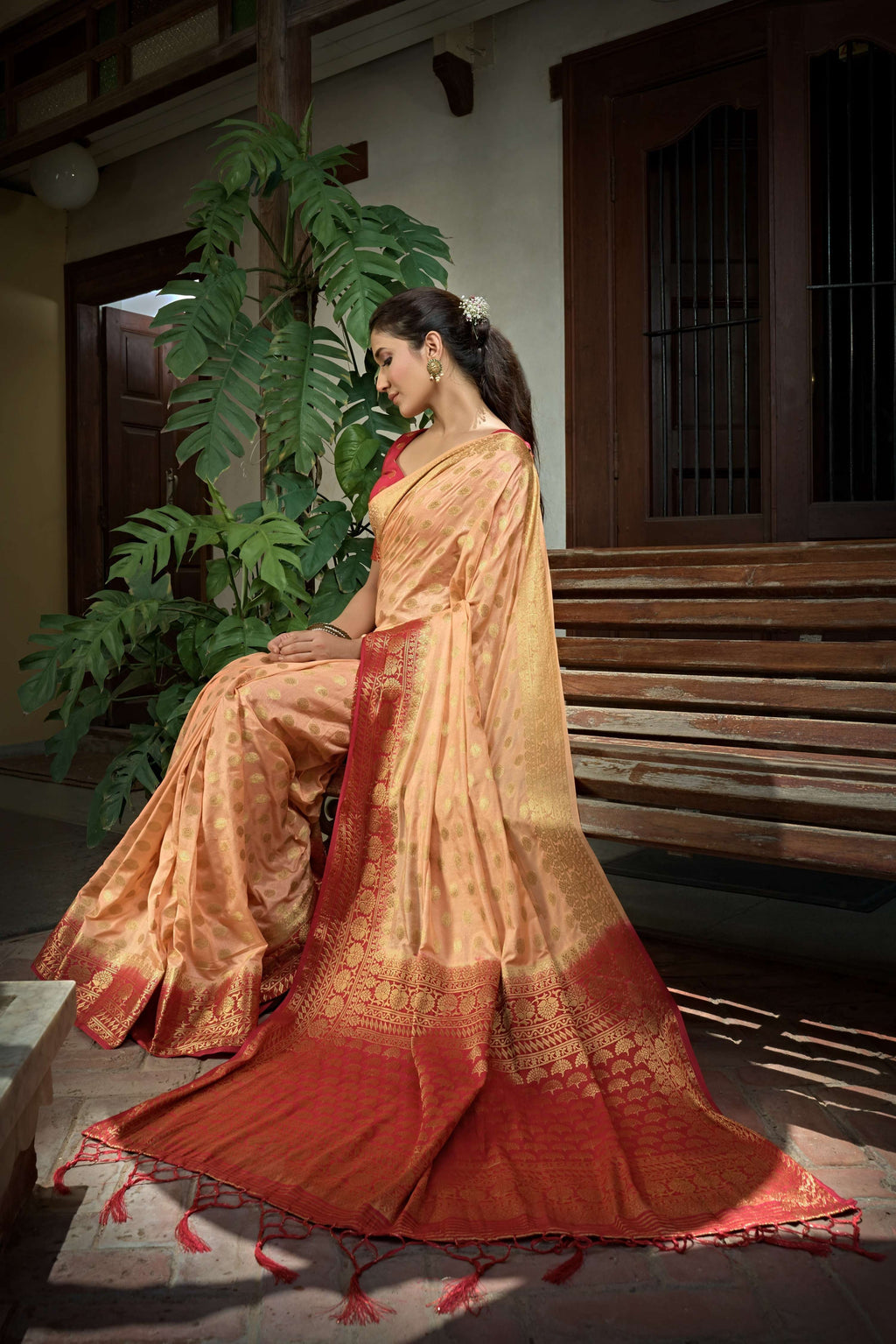 Vardha Peach Golden Zari Banarasi Raw Silk Saree