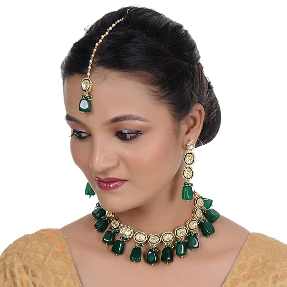 Tehzeeb Creations Back Meenakari Gold-Polished Tika Earring Jewellery Set Uncut Kundan Big Faux Kundan Dibbi Kundan Choker Necklace Set