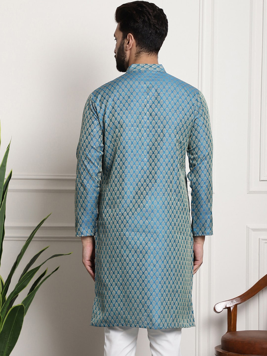 Sojanya Men Blue & Beige Ethnic Motif Printed Jacquard Silk Kurta