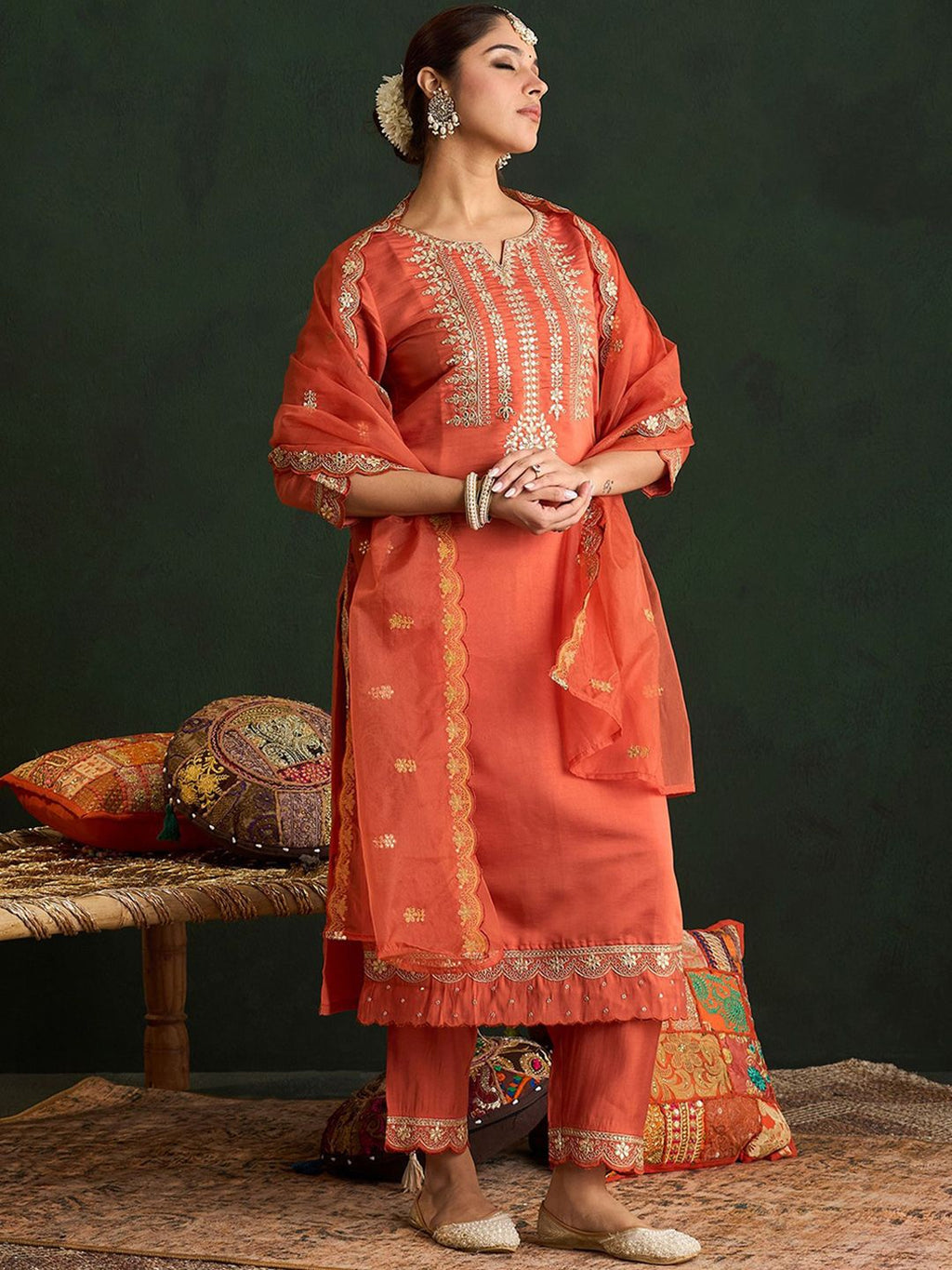 Indo Era Women Ethnic Motifs Embroidered Regular Gotta Patti Kurta with Trousers & With Dupatta - Distacart