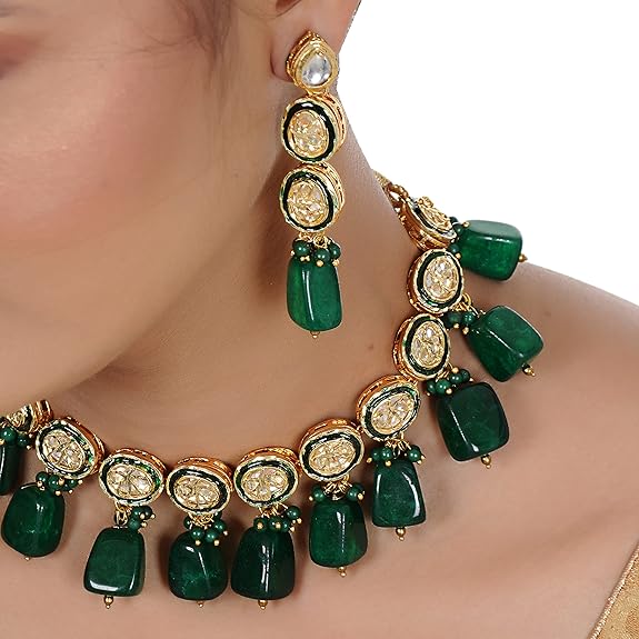 Tehzeeb Creations Back Meenakari Gold-Polished Tika Earring Jewellery Set Uncut Kundan Big Faux Kundan Dibbi Kundan Choker Necklace Set
