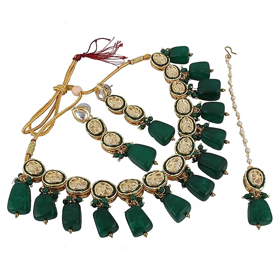Tehzeeb Creations Back Meenakari Gold-Polished Tika Earring Jewellery Set Uncut Kundan Big Faux Kundan Dibbi Kundan Choker Necklace Set