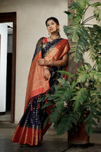 Vardha Admiral Blue Golden Zari Banarasi Raw Silk Saree