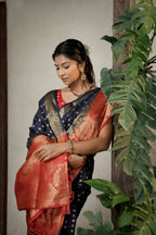Vardha Admiral Blue Golden Zari Banarasi Raw Silk Saree