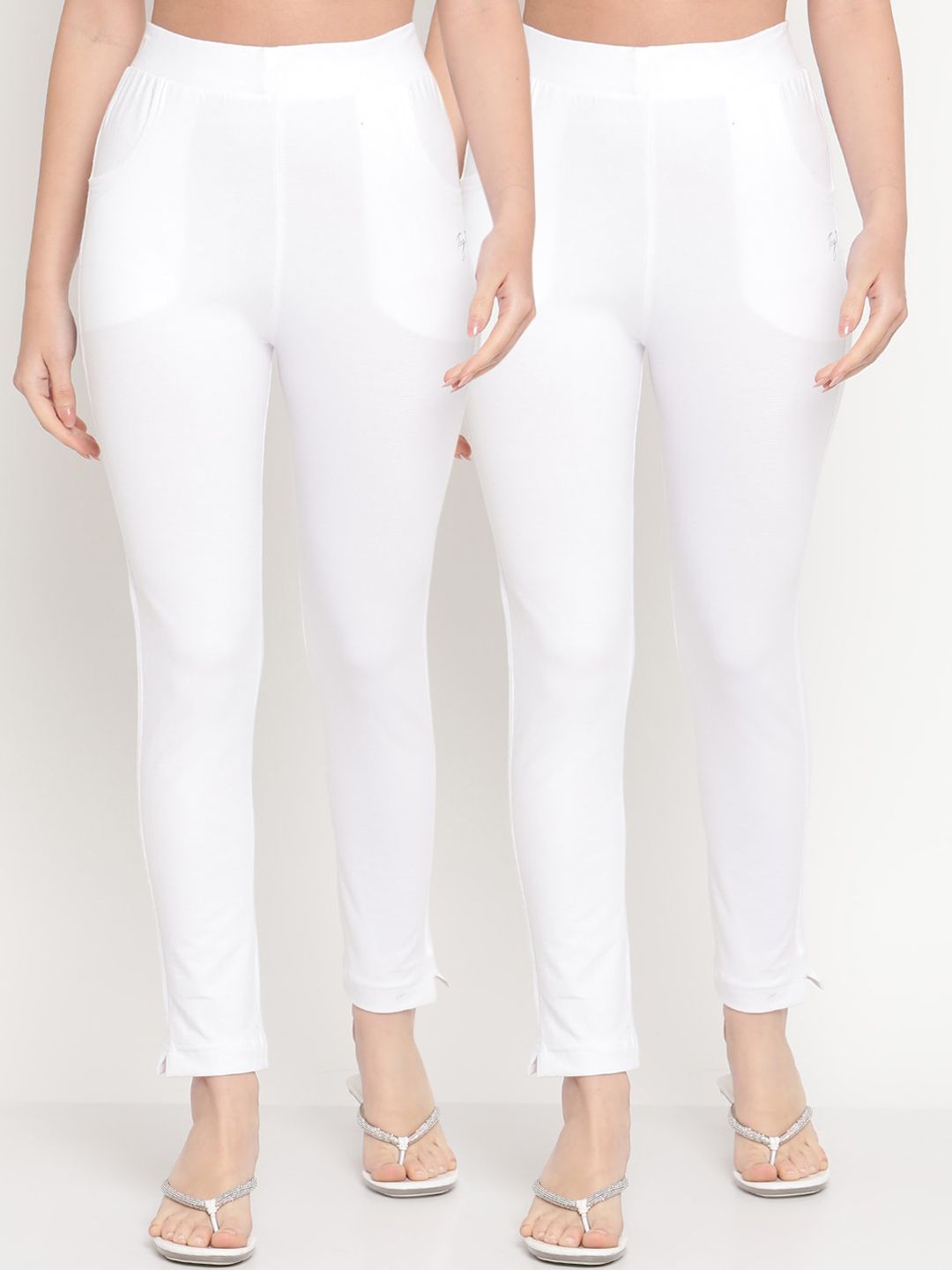 TAG 7 Women White Set of 2 Solid Ankle Length Cotton Leggings