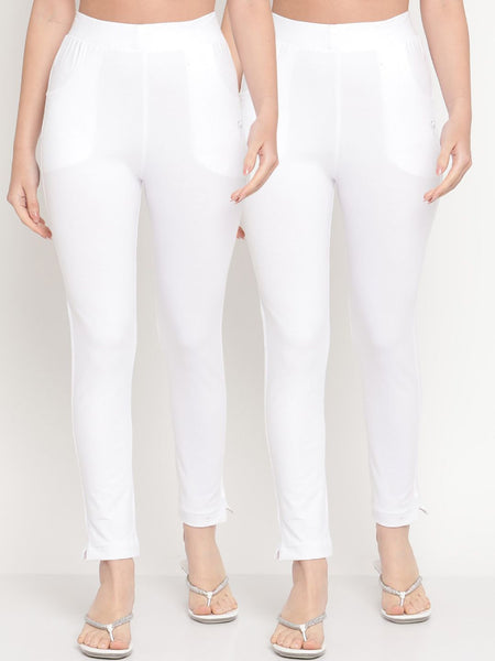TAG 7 Women White Set of 2 Solid Ankle Length Cotton Leggings