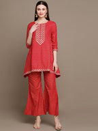 HERE&NOW Embroidered Ethnic Motifs Printed Mirror Work Asymmetric Kurti with Palazzos