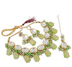 Tehzeeb Creations Back Meenakari Gold-Polished Green Color Tika Earring Jewellery Set Uncut Kundan Big Faux Kundan Dibbi Kundan Choker Necklace Set