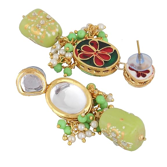 Tehzeeb Creations Back Meenakari Gold-Polished Green Color Tika Earring Jewellery Set Uncut Kundan Big Faux Kundan Dibbi Kundan Choker Necklace Set