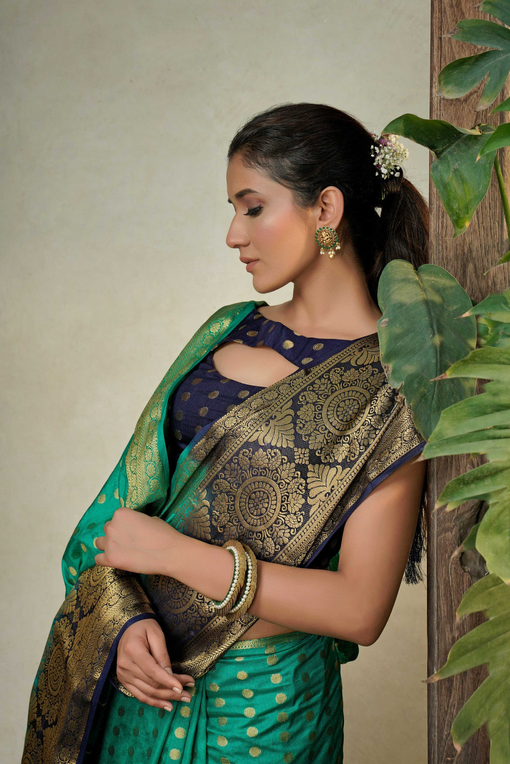 Vardha Teal Green Golden Zari Banarasi Raw Silk Saree