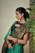 Vardha Teal Green Golden Zari Banarasi Raw Silk Saree