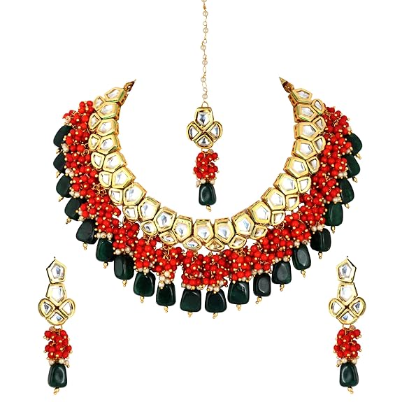 Tehzeeb Creations Meenakari Gold-Polished pentagon shape Uncut Kundan Necklace Set