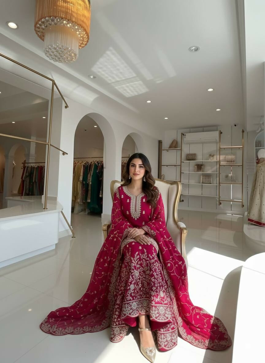 Teeya Creation Rani Pure Silk Gimmy Silk Heavy Embroidery Work Wedding Wear Palazzo Pair - Distacart