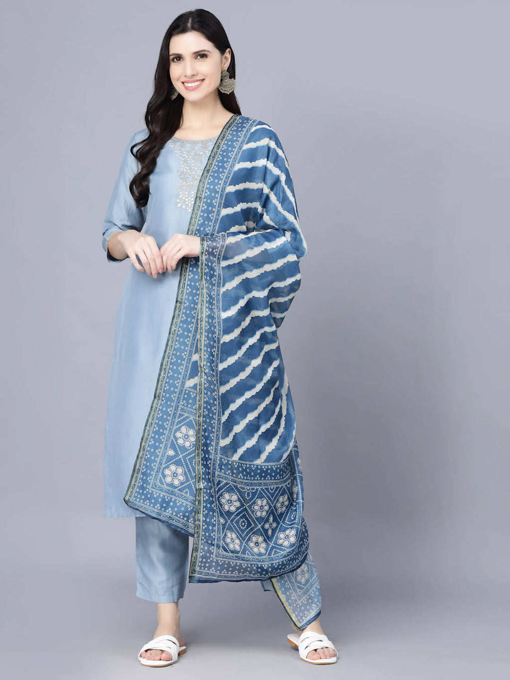Myshka Women Blue Ethnic Motifs Panelled Kurta with Trousers With Dupatta - Distacart
