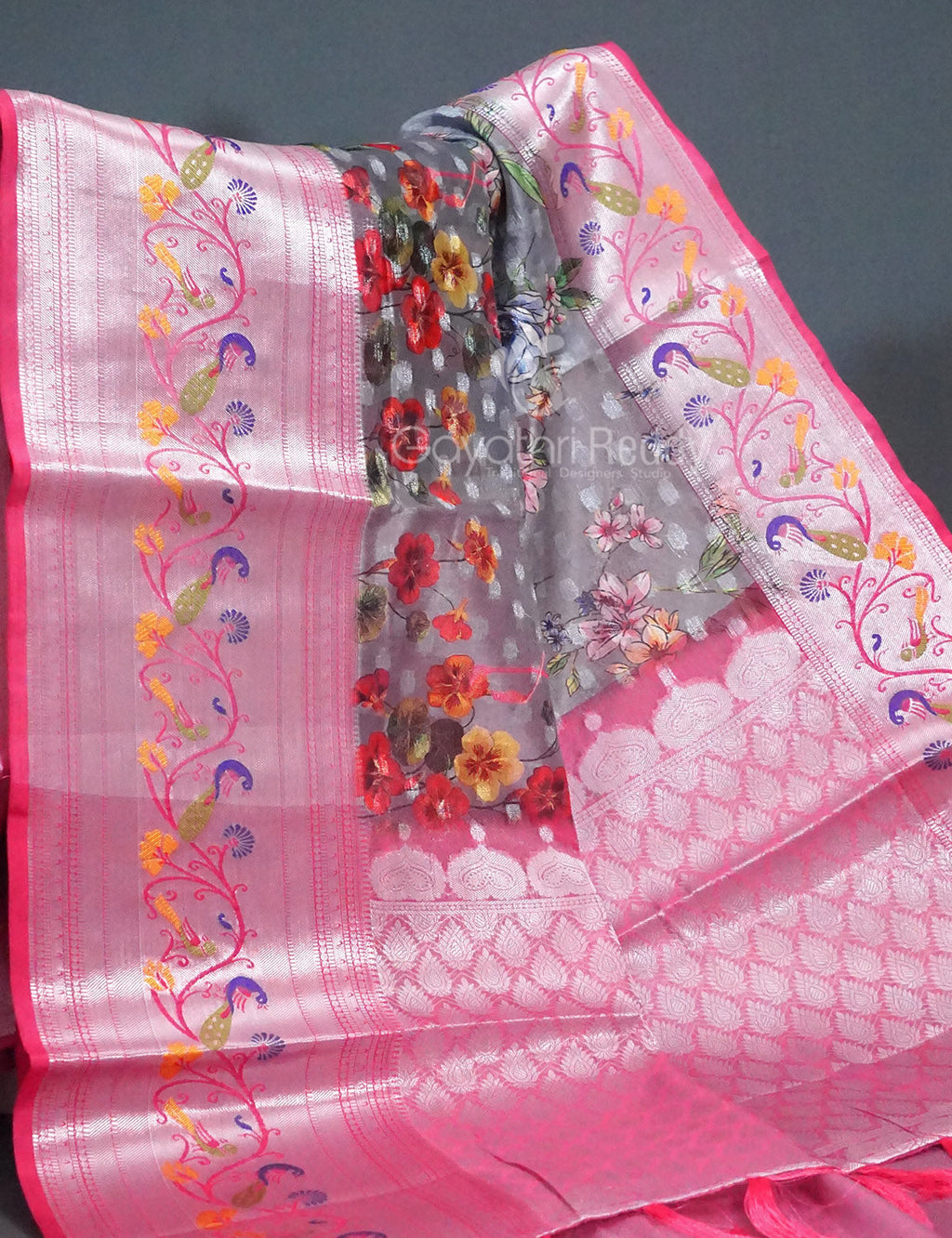 Shades of Grey Colour Floral Design Banaras Semi Silk Saree By Gayathri Reddy Designer Studio