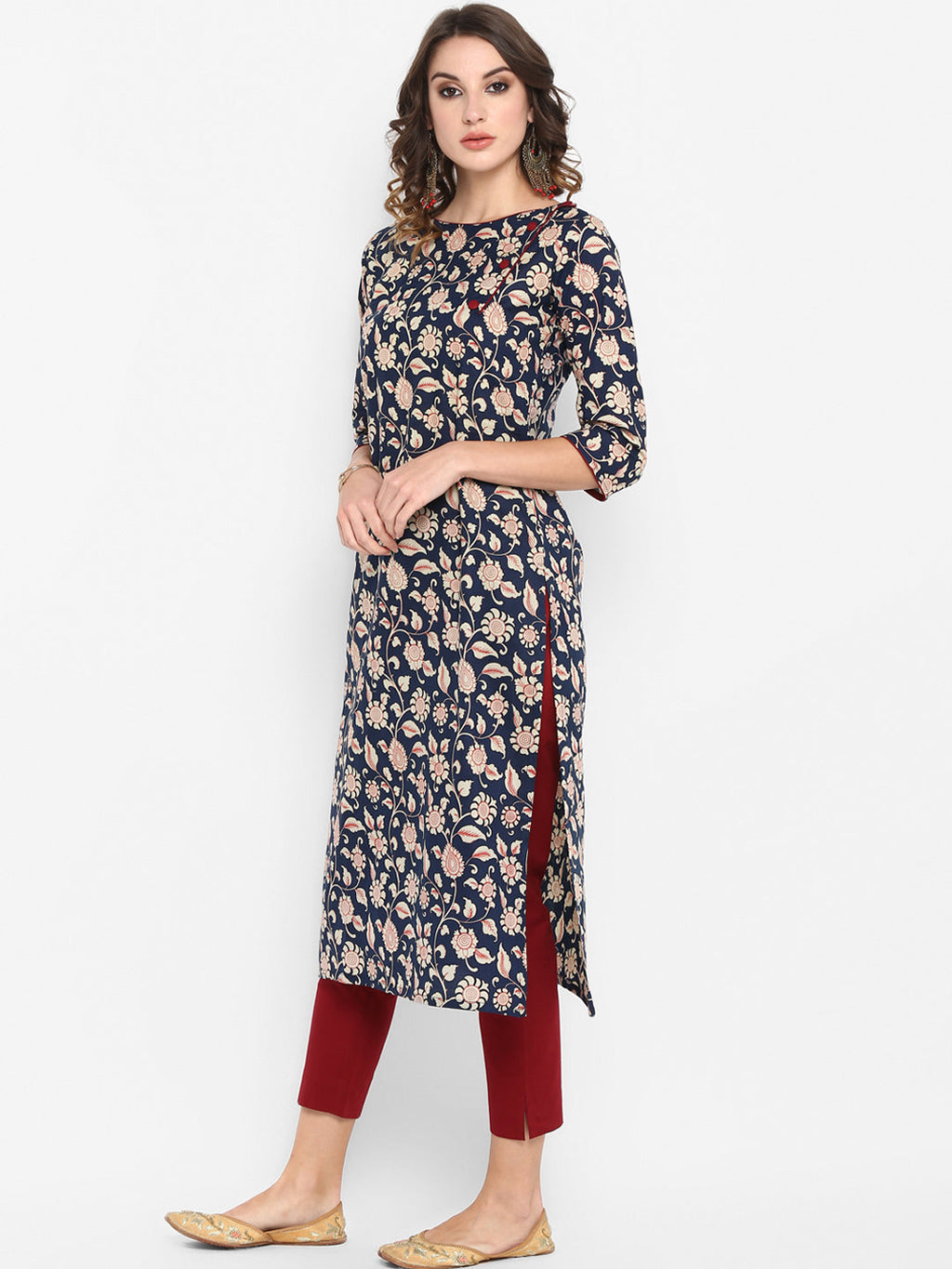 Janasya Navy Blue Ethnic Motifs Printed Regular Pure Cotton Kurta with Trousers - Distacart