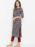 Janasya Navy Blue Ethnic Motifs Printed Regular Pure Cotton Kurta with Trousers - Distacart
