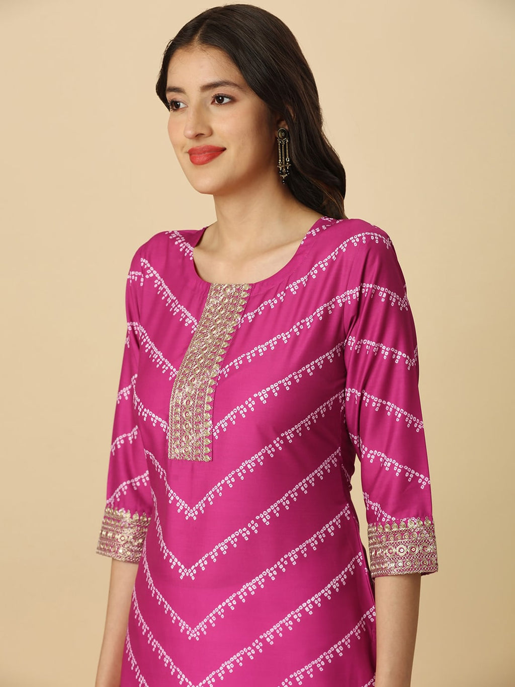 HERE&NOW Pink & White Bandhani Printed Sequinned Straight Kurta