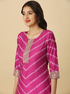 HERE&NOW Pink & White Bandhani Printed Sequinned Straight Kurta