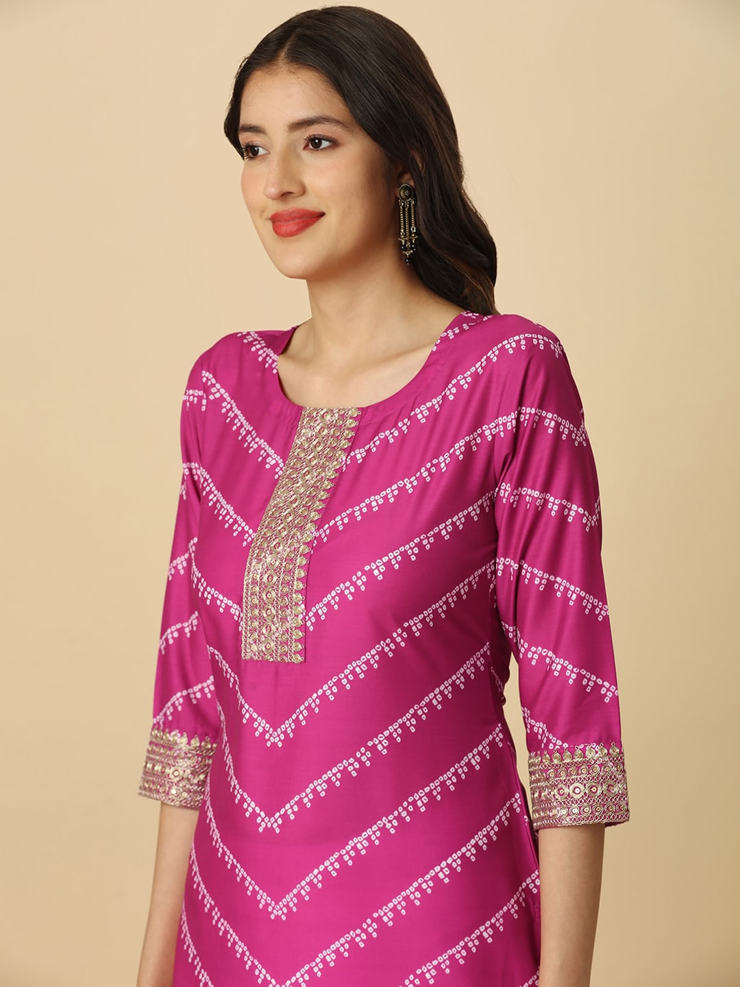 HERE&NOW Pink & White Bandhani Printed Sequinned Straight Kurta