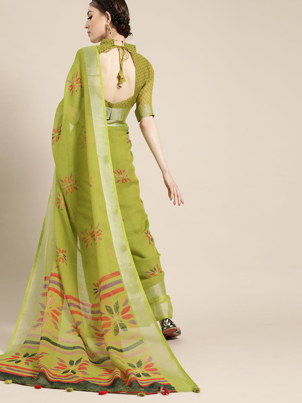 Saree Mall Saree Mall Elegant Green and Orange Linen Blend Saree - Distacart