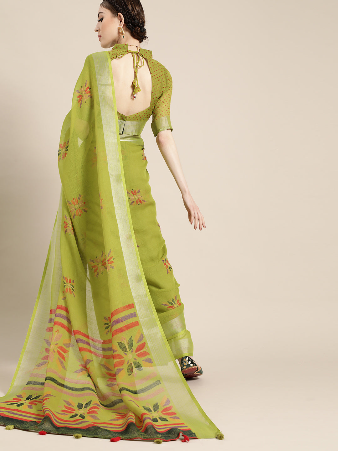 Saree Mall Saree Mall Elegant Green and Orange Linen Blend Saree - Distacart