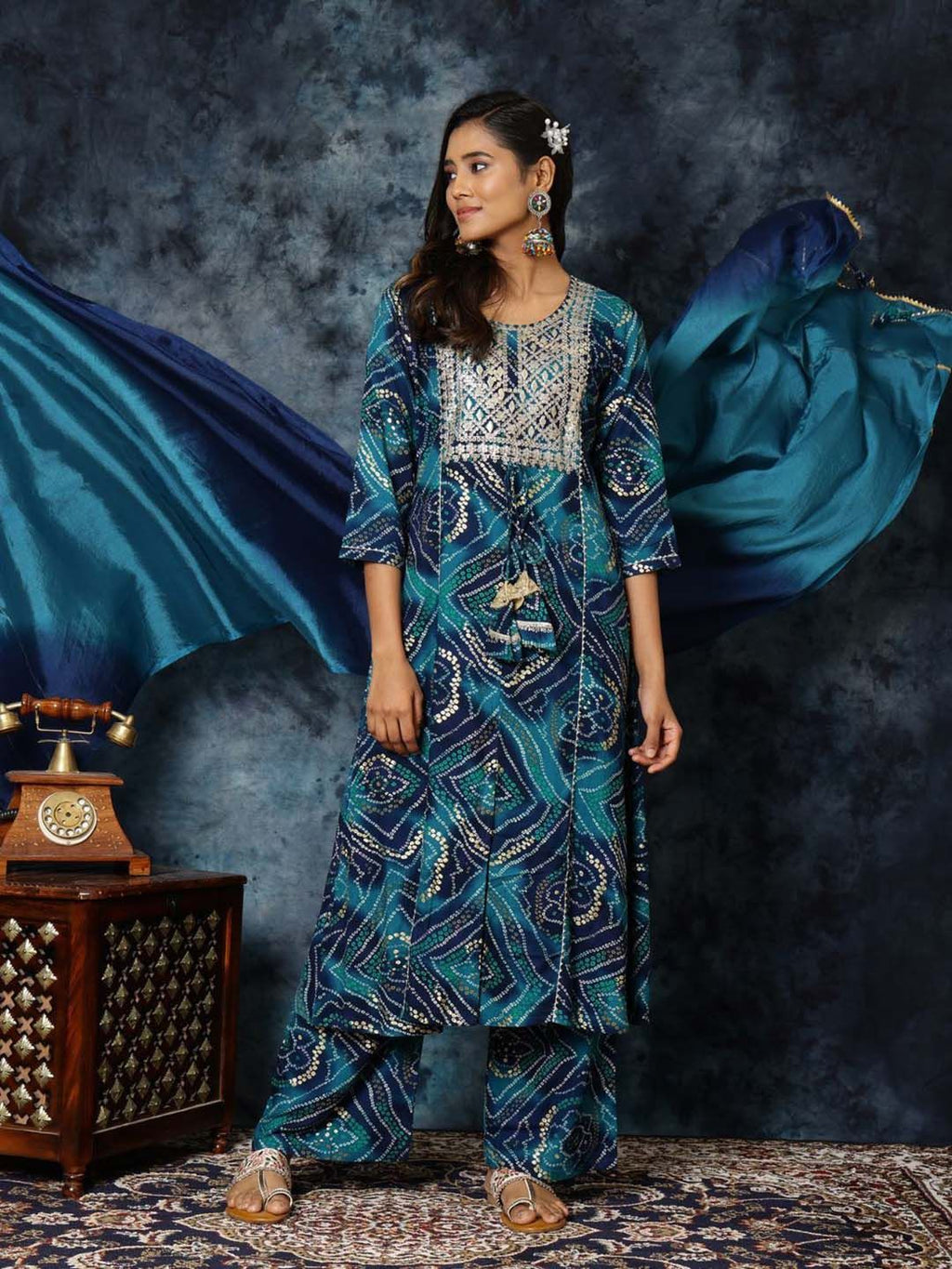 Sangria Bandhani Print & Embroidered Kurta Palazzo & Dupatta Set