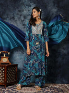 Sangria Bandhani Print & Embroidered Kurta Palazzo & Dupatta Set