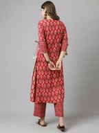 FIORRA Women's Red Cotton A-Line Kurta Set