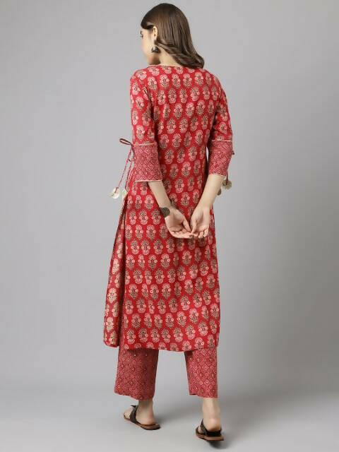 FIORRA Women's Red Cotton A-Line Kurta Set