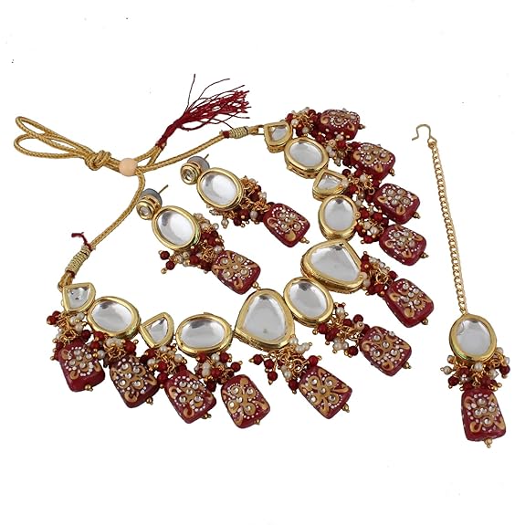 Tehzeeb Creations Back Meenakari Gold-Polished Maroon Color Tika Earring Jewellery Set Uncut Kundan Big Faux Kundan Dibbi Kundan Choker Necklace Set