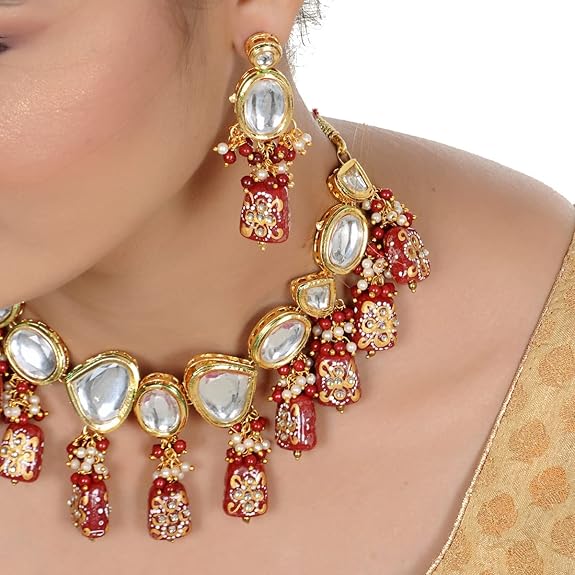 Tehzeeb Creations Back Meenakari Gold-Polished Maroon Color Tika Earring Jewellery Set Uncut Kundan Big Faux Kundan Dibbi Kundan Choker Necklace Set