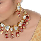 Tehzeeb Creations Back Meenakari Gold-Polished Maroon Color Tika Earring Jewellery Set Uncut Kundan Big Faux Kundan Dibbi Kundan Choker Necklace Set