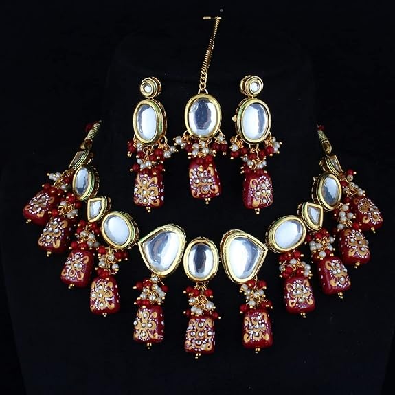Tehzeeb Creations Back Meenakari Gold-Polished Maroon Color Tika Earring Jewellery Set Uncut Kundan Big Faux Kundan Dibbi Kundan Choker Necklace Set