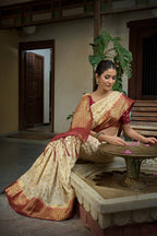 Vardha Cream White Golden Zari Banarasi Raw Silk Saree