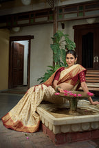 Vardha Cream White Golden Zari Banarasi Raw Silk Saree