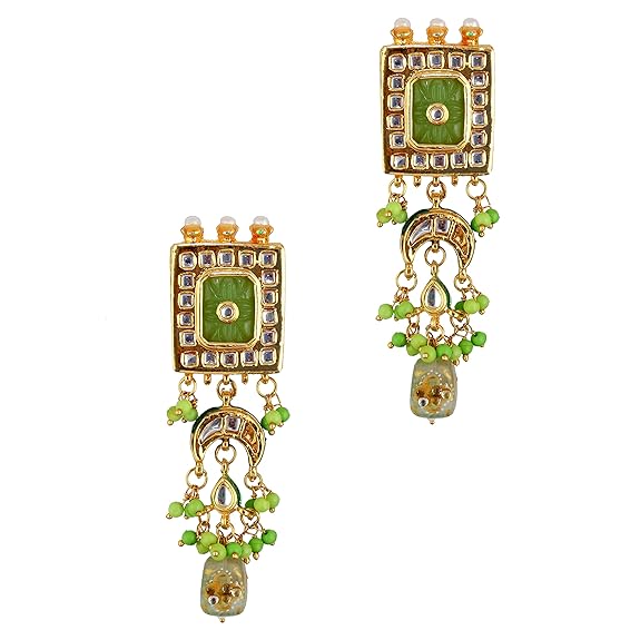 Tehzeeb Creations Meenakari Gold-Polished Green Color Rectangular Shape Uncut Kundan Combo Necklace Set