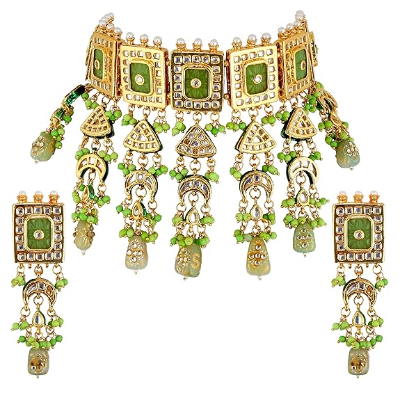 Tehzeeb Creations Meenakari Gold-Polished Green Color Rectangular Shape Uncut Kundan Combo Necklace Set