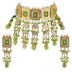 Tehzeeb Creations Meenakari Gold-Polished Green Color Rectangular Shape Uncut Kundan Combo Necklace Set