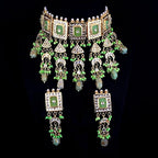 Tehzeeb Creations Meenakari Gold-Polished Green Color Rectangular Shape Uncut Kundan Combo Necklace Set