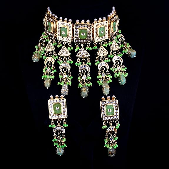 Tehzeeb Creations Meenakari Gold-Polished Green Color Rectangular Shape Uncut Kundan Combo Necklace Set