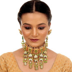 Tehzeeb Creations Meenakari Gold-Polished Green Color Rectangular Shape Uncut Kundan Combo Necklace Set