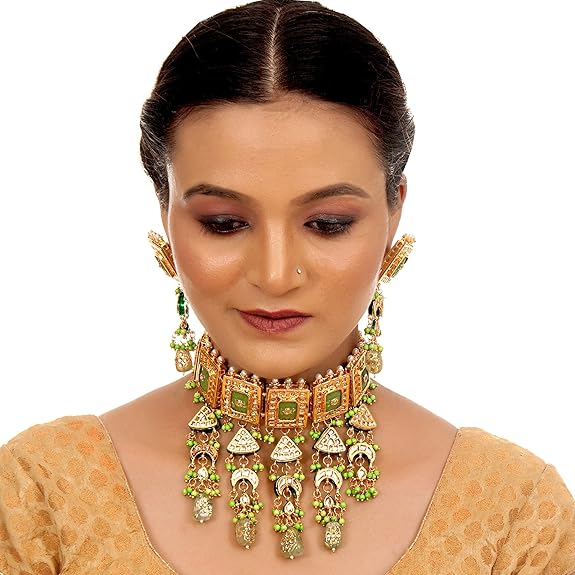 Tehzeeb Creations Meenakari Gold-Polished Green Color Rectangular Shape Uncut Kundan Combo Necklace Set