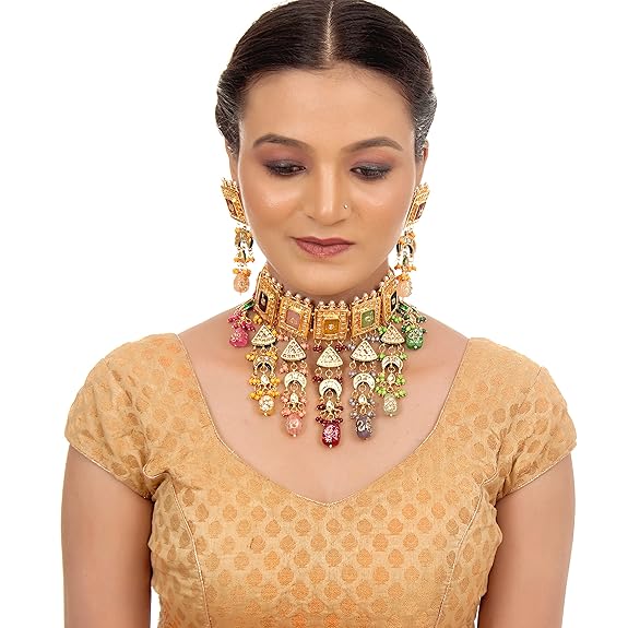 Tehzeeb Creations Meenakari Gold-Polished Multi Color Rectangular Shape Uncut Kundan Combo Necklace Set