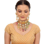 Tehzeeb Creations Meenakari Gold-Polished Multi Color Rectangular Shape Uncut Kundan Combo Necklace Set