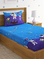 Home Sizzler Blue & White Cartoon Characters 210 TC Single Bedsheet with 1 Pillow Covers