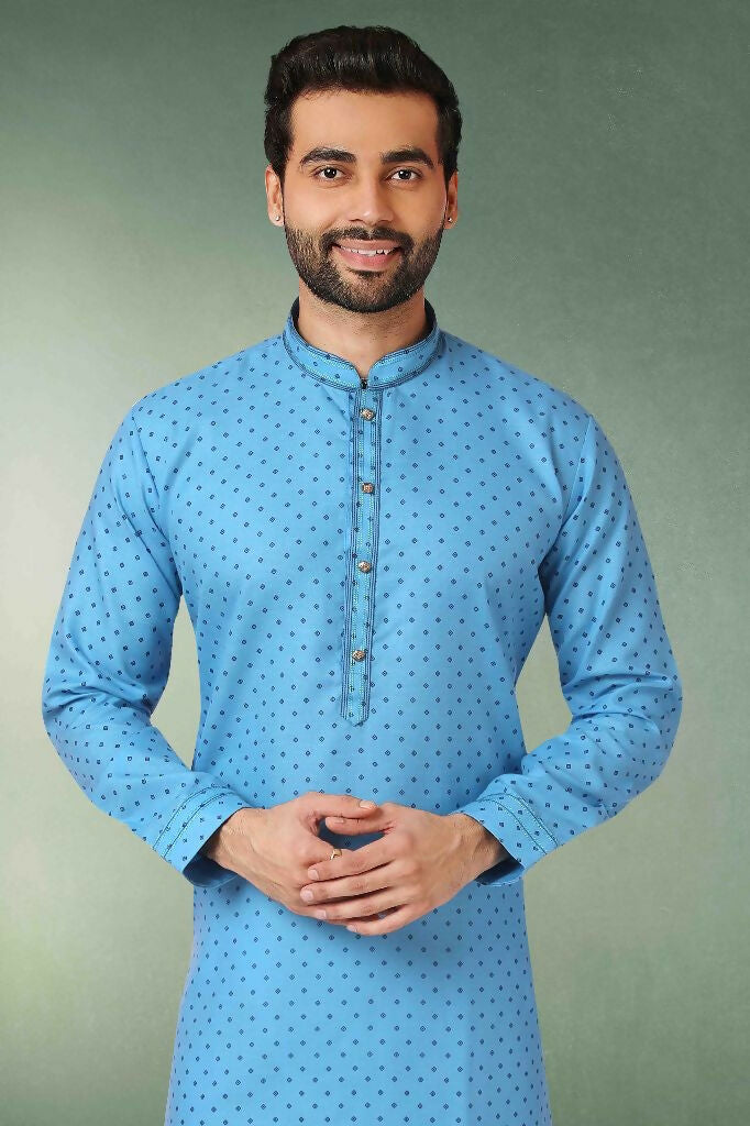 Raivat Ethnic Cotton Printed Work Kurta Pajama In Light Blue Colour