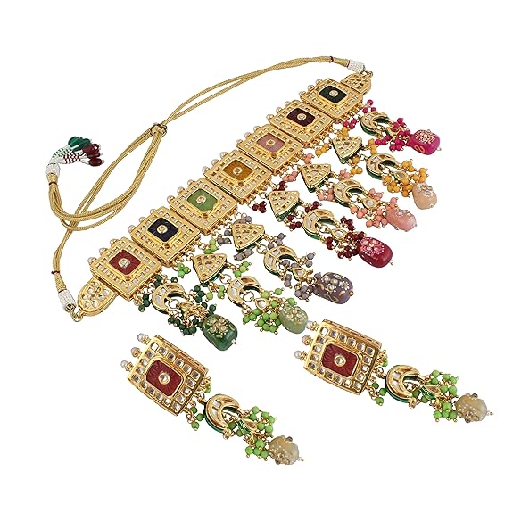 Tehzeeb Creations Meenakari Gold-Polished Multi Color Rectangular Shape Uncut Kundan Combo Necklace Set